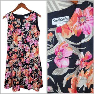 North Style Dress Size 12 Floral Black Sleeveless Sheath Tropical Pink Orange